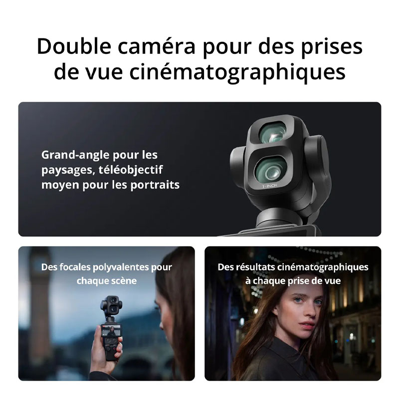 DJI Osmo Pocket 4P avec module caméra à double objectif grand-angle et téléobjectif moyen, conçu pour la vidéo, les paysages, les portraits et des images au rendu cinématographique.
