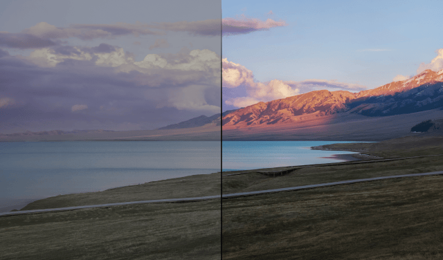 Comparatif avant après de la qualité d'image et des couleurs d'un paysage de montagne