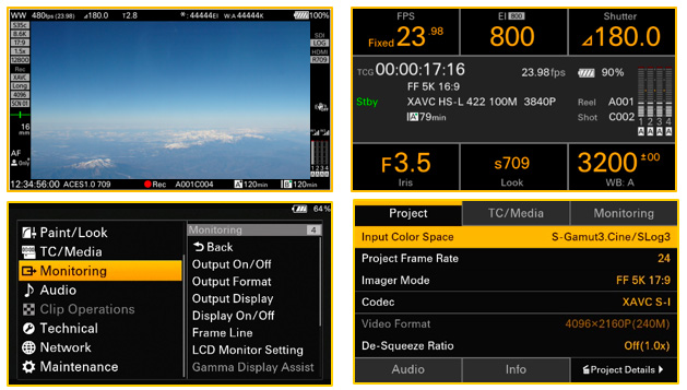 Interface du menu et écran de contrôle des paramètres de la caméra cinéma Sony FX6